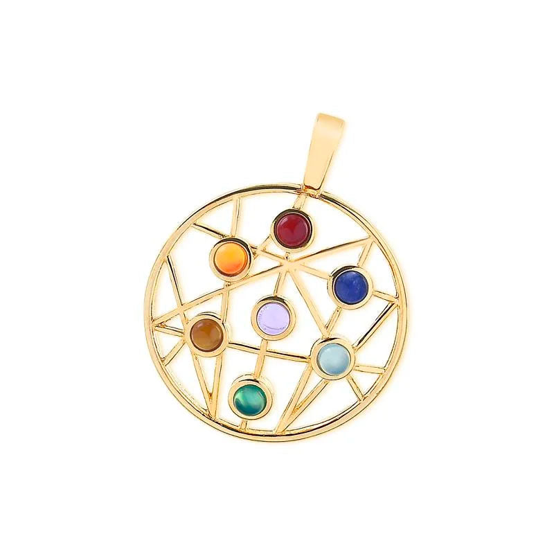 Pingente 7 Chakras circular Pedras Coloridas - Folhado a ouro.