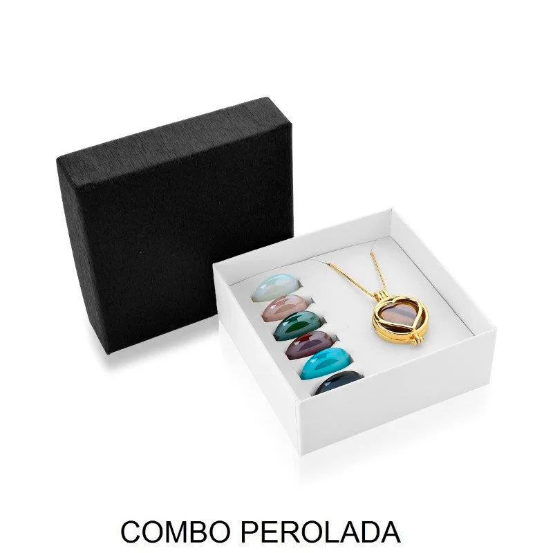 Colar Relicário perolado Combo com 7 pedras - Folhado a ouro - 01