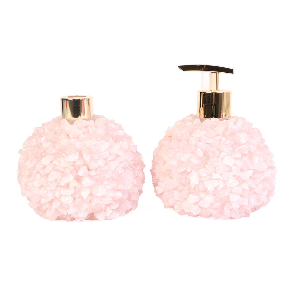 Kit Saboneteira e Difusor de Quartzo Rosa Cascalho Bruto Luxo