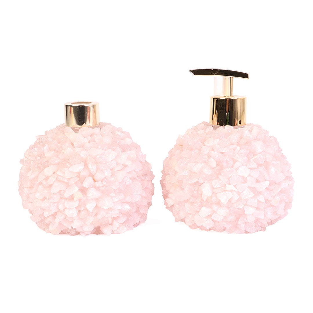 Kit Saboneteira e Difusor de Quartzo Rosa Cascalho Bruto Luxo