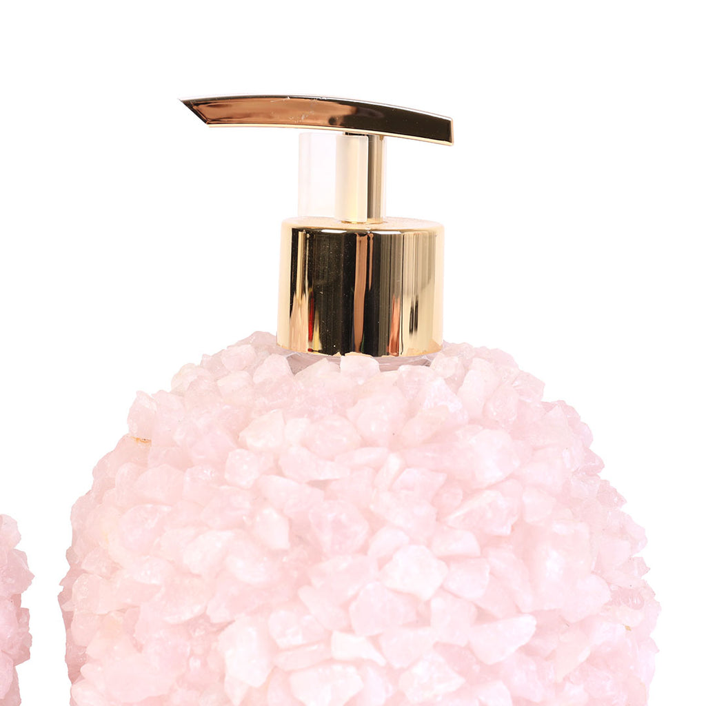 Kit Saboneteira e Difusor de Quartzo Rosa Cascalho Bruto Luxo