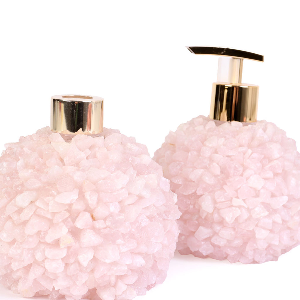 Kit Saboneteira e Difusor de Quartzo Rosa Cascalho Bruto Luxo