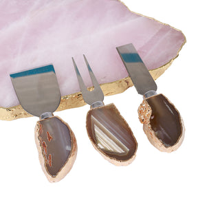 Bandeija de Quartzo Rosa - Folhado a ouro - Garfo, Faca e Espátula de Ágata - 01